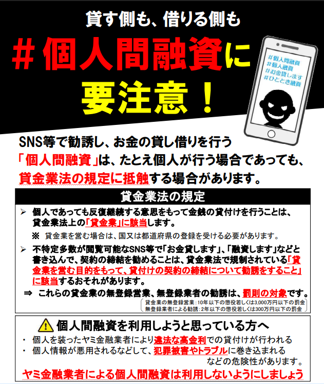 金融庁の個人間融資の危険性を喚起するチラシより
