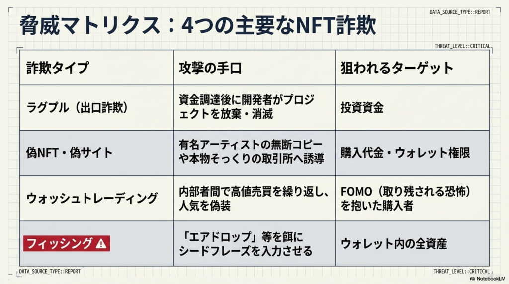 NFT詐欺の4大手口：ラグプル・偽NFT・ウォッシュトレーディング・フィッシングを図解した全体像図