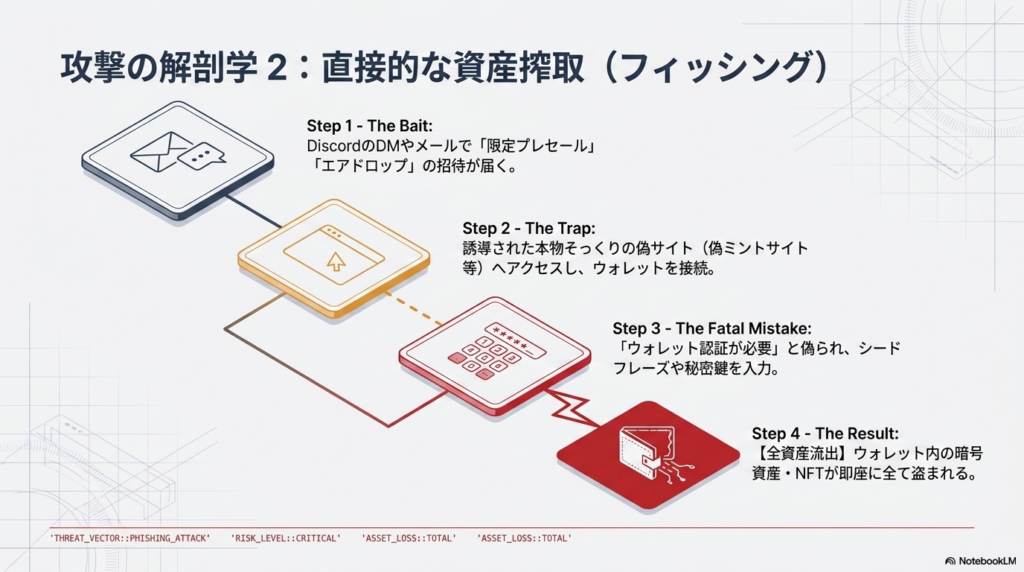 フィッシング攻撃の流れ:偽サイト・DM・ウォレット接続求めから資産盗難までのフロー図