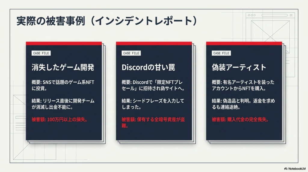 NFT詐欺の代表的な被害事例3件を図解したインフォグラフィック