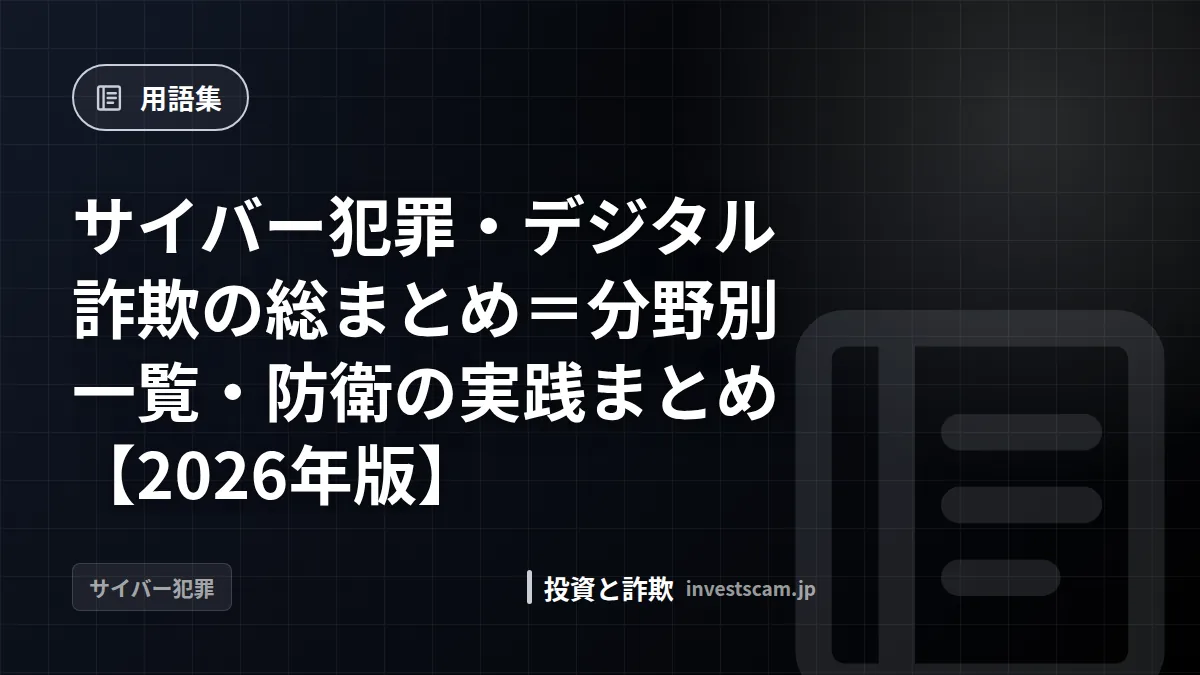 サイバー犯罪・デジタル詐欺の総まとめ=分野別一覧・防衛の実践まとめ【2026年版】 | 用語集 サイバー犯罪・デジタル詐欺の総まとめ=分野別一覧・防衛の実践まとめ【2026年版】(用語集)